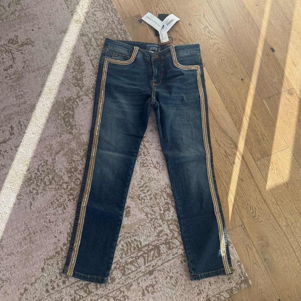 Ermanno Scervino NWT RETAIL $840 Dark Blue Jeans with Gold Trim Low Rise Skinny